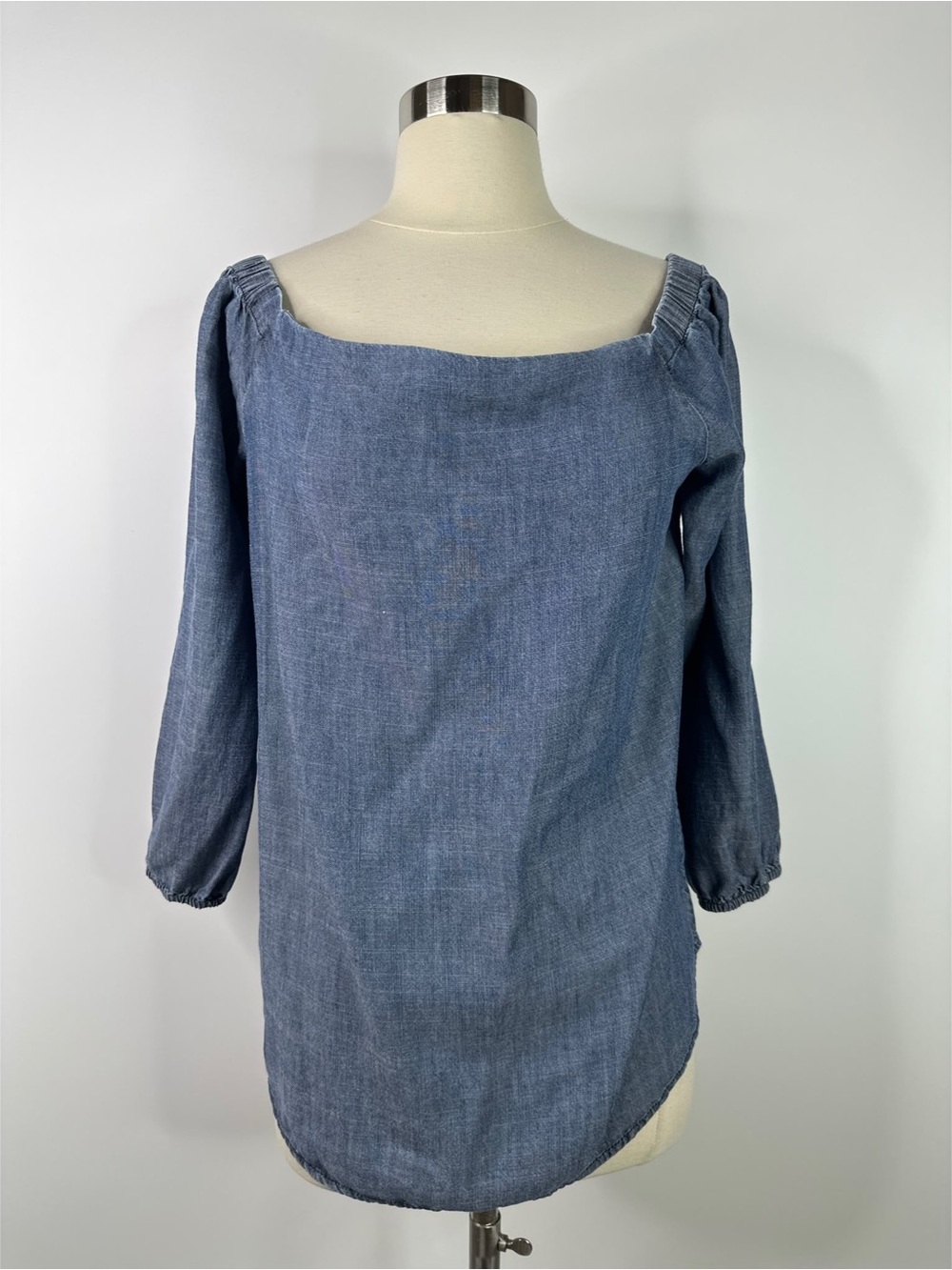 Chicos Chambray Denim Look Off The Shoulder Long Sleeve Blouse